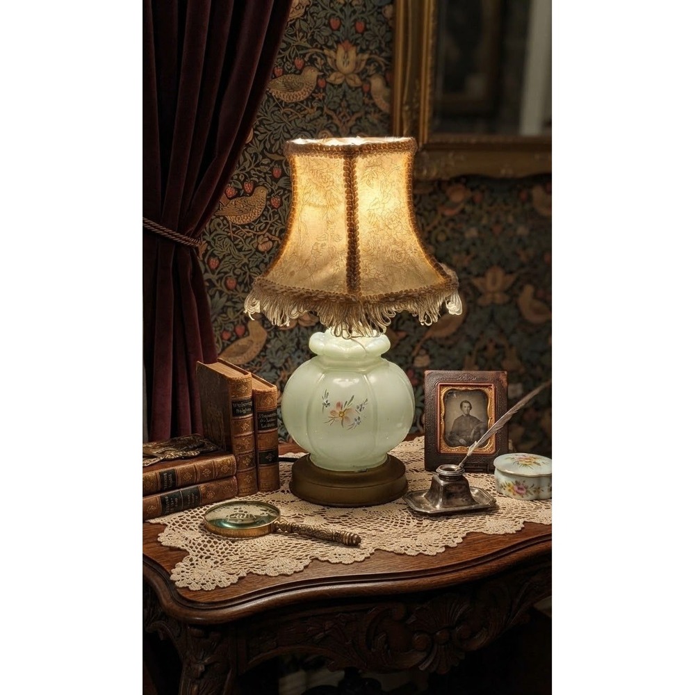 Vintage 1940s Satin Glass Boudoir Lamp Hand Painted Floral Lace Fringe Shade 14"